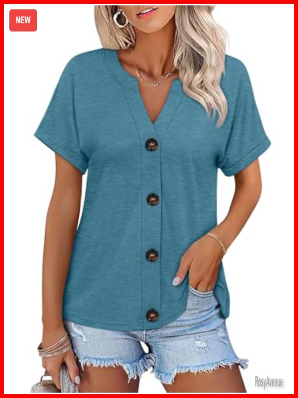 Womens Button Down Shirt Short Sleeve V Neck Roll Up Cuff Summer Top